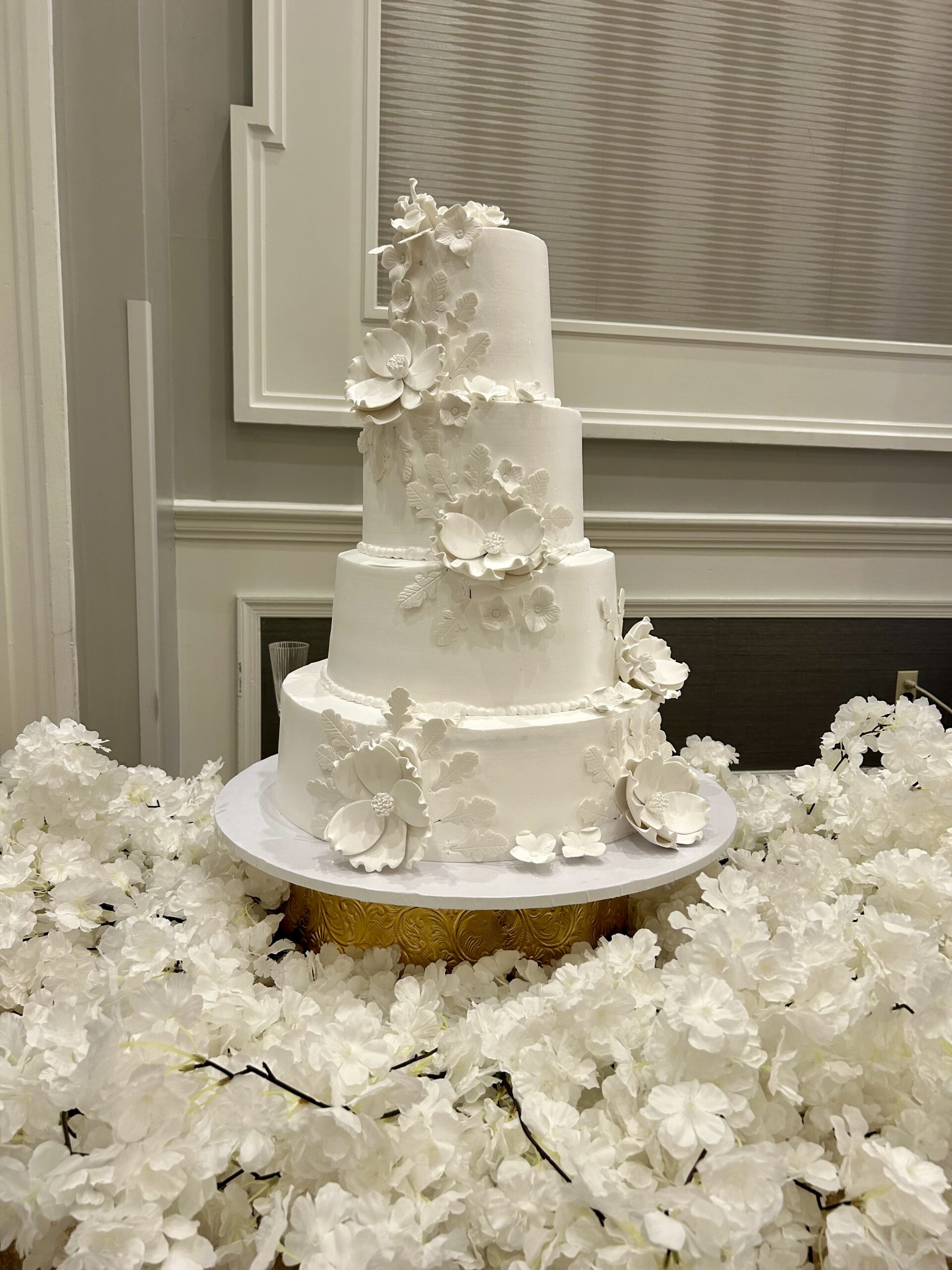 “Elegant multi-tier wedding cake with floral decorations.”